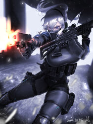 Rule 34 | 1girl, absurdres, assault rifle, black gloves, blue eyes, breasts, dated, finger on trigger, firing, glock, gloves, gun, handgun, highres, holding, holding gun, holding weapon, horori (halloweenday309), large breasts, long hair, mask, military, original, rifle, scar, scar across eye, solo, tactical clothes, weapon, weapon request, white hair