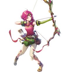 Rule 34 | 1girl, ahoge, armor, arrow (projectile), asymmetrical gloves, belt, belt pouch, bow (weapon), breasts, capri pants, closed mouth, elbow gloves, fingerless gloves, fire emblem, fire emblem: the sacred stones, fire emblem heroes, full body, gloves, hagiya kaoru, headband, highres, holding, holding bow (weapon), holding weapon, hood, hood down, looking away, medium breasts, neimi (fire emblem), nintendo, official art, pants, pink eyes, pink hair, pouch, quiver, shoes, short hair, short sleeves, shoulder armor, solo, transparent background, weapon