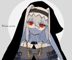 Rule 34 | 1girl, arknights, black capelet, black headwear, braid, capelet, chain, chain necklace, commentary request, grey background, habit, hair between eyes, head tilt, husui parashi, jewelry, long hair, looking at viewer, necklace, nun, red eyes, silver hair, sketch, smile, solo, specter (arknights), twitter username, upper body
