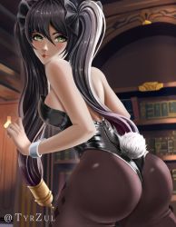 Rule 34 | 1girl, absurdres, alternate costume, ass, bare shoulders, black hair, blush, breasts, come hither, from behind, genshin impact, green eyes, hair ornament, hair ribbon, highres, huge ass, leotard, long hair, looking at viewer, looking back, medium breasts, mona (genshin impact), pantyhose, rabbit ears, rabbit tail, ribbon, shiny clothes, shiny skin, sideboob, smile, solo, twintails, tyrzul, very long hair