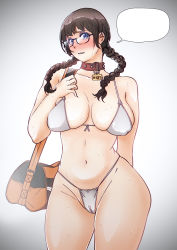 Rule 34 | 1girl, bikini, blue eyes, blush, braid, breasts, brown hair, butcherboy, collar, curvy, female focus, glasses, gradient background, large breasts, long hair, looking at viewer, original, plump, solo, sweat, swimsuit, thick thighs, thighs, thong, twin braids, white bikini, wide hips
