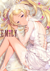 Rule 34 | 1girl, absurdres, backless dress, backless outfit, bed sheet, blonde hair, breasts, bridal veil, bride, brown nails, character name, closed mouth, commentary request, dress, earrings, emily stewart, fingernails, flower, forehead, hair ribbon, half-closed eyes, highres, idolmaster, idolmaster million live!, jewelry, joey koguma, layered dress, light smile, long hair, long sleeves, looking at viewer, lying, medium breasts, on side, parted bangs, purple eyes, purple flower, ribbon, see-through, see-through sleeves, shoulder blades, solo, twintails, veil, very long hair, wedding dress, white dress, white ribbon