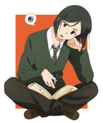 Rule 34 | 1boy, bad id, bad pixiv id, black eyes, bob cut, book, brown hair, fate/stay night, fate/zero, fate (series), full body, head tilt, highres, indian style, looking at viewer, male focus, necktie, open mouth, pen, sitting, solo, sweater, umishima senbon, waver velvet, white background