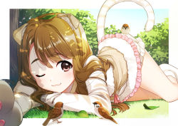 Rule 34 | 1girl, :3, ;), animal, animal ear fluff, animal ears, animal hands, bird, bird on leg, bloomers, border, brown dress, brown eyes, brown hair, cat ears, cat girl, cat tail, closed mouth, dappled sunlight, day, dress, feet out of frame, frilled dress, frills, fur-trimmed dress, fur trim, gloves, grass, hand on own arm, head rest, highres, idolmaster, idolmaster million live!, idolmaster million live! theater days, leaf, leaf on head, light blush, long hair, long sleeves, looking at viewer, lying, mikapoe, miyao miya, no shoes, on grass, on ground, on side, one eye closed, outdoors, outside border, outstretched arm, paw gloves, short dress, smile, socks, solo, sparrow, striped tail, sunlight, tail, tail raised, thick eyebrows, tree shade, two-tone dress, underwear, white border, white dress, white socks
