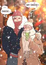 Rule 34 | 2boys, absurdres, bacchyarts, black nails, black sclera, blush, cellphone, christmas, coat, colored sclera, couple, english text, flying sweatdrops, freckles, hat, height difference, highres, holding, holding phone, jacket, jojo no kimyou na bouken, long hair, long sleeves, looking at another, male focus, multiple boys, outdoors, pants, phone, pink hair, red eyes, risotto nero, scarf, smartphone, snow, snowing, speech bubble, taking picture, trembling, vento aureo, vinegar doppio, white hair, winter clothes, yaoi, yellow eyes
