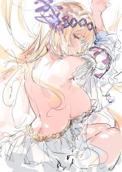 Rule 34 | 1girl, bare back, bare shoulders, blonde hair, breasts, detached sleeves, dress, granblue fantasy, hairband, highres, jeanne d&#039;arc (granblue fantasy), large breasts, looking back, purple eyes, sideboob, sketch, solo, umibouzu (niito), unfinished, white background, white dress