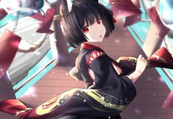 Rule 34 | 1girl, :o, absurdres, animal ear fluff, animal ears, azur lane, black hair, blunt bangs, bob cut, breasts, cat ears, commentary request, cotton kanzaki, fang, from behind, highres, japanese clothes, kimono, large breasts, long sleeves, looking at viewer, ocean, open mouth, outdoors, pier, red eyes, short hair, sideboob, skin fang, solo, standing, water, wide sleeves, wind chime, yamashiro (azur lane)