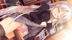 Rule 34 | 1girl, ayachi nene, blush, book, breasts, cameltoe, clothes lift, crotch rub, closed eyes, female focus, female masturbation, game cg, kobuichi, large breasts, legs, library, long hair, masturbation, muririn, open mouth, panties, pink panties, pussy juice, saliva, sanoba witch, school uniform, skirt, skirt lift, solo, standing, table, table humping, thighhighs, thighs, underwear, wet, wet clothes, wet panties, white hair