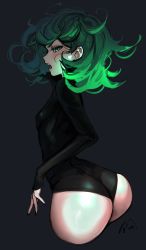 Rule 34 | 1girl, absurdres, artist request, ass, bodysuit, breasts, curly hair, eyelashes, flat chest, green eyes, green hair, half-closed eyes, highres, huge ass, long sleeves, narrow waist, one-punch man, open mouth, short hair, sideboob, solo, tatsumaki, wide hips