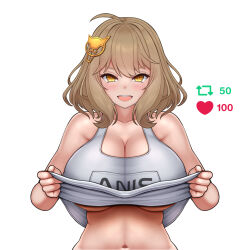 Rule 34 | 1girl, ahoge, anis (nikke), blush, breasts, brown eyes, brown hair, clothes lift, clothes writing, goddess of victory: nikke, grey shirt, hair between eyes, hair ornament, highres, kuronekozero, large breasts, looking at viewer, open mouth, shirt, short hair, simple background, smile, solo, t-shirt, teeth, underboob, upper body, upper teeth only, white background