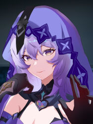 Rule 34 | 1girl, absurdres, bare shoulders, black gloves, black swan (honkai: star rail), breasts, caulfielddd, cleavage, commentary request, elbow gloves, gloves, grey eyes, highres, honkai: star rail, honkai (series), long hair, looking at viewer, medium breasts, purple hair, smile, solo, upper body, veil