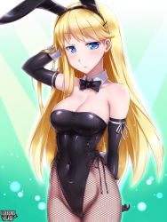 Rule 34 | 1girl, animal ears, arm behind back, arm behind head, black bow, black bowtie, black gloves, black leotard, blonde hair, blue eyes, bow, bowtie, breasts, character request, cleavage, cocytus (wind master), cowboy shot, detached collar, elbow gloves, fake animal ears, fishnet pantyhose, fishnets, gloves, gradient background, green background, kerberos blade, large breasts, leotard, looking at viewer, pantyhose, playboy bunny, rabbit ears, rabbit girl, rabbit tail, solo, strapless, strapless leotard, tail, wrist cuffs