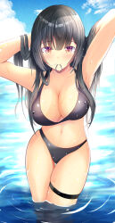 Rule 34 | 1girl, absurdres, adjusting hair, armpits, bikini, black bikini, black hair, breasts, cleavage, closed mouth, cloud, collarbone, commentary request, contrapposto, cowboy shot, hair tie, hair tie in mouth, highres, houraisan kaguya, large breasts, legs together, long hair, looking at viewer, midriff, mouth hold, multicolored eyes, navel, outdoors, purple eyes, shadow, shiso gohan, sky, solo, sunlight, swimsuit, thigh gap, thigh strap, touhou, water, wet, yellow eyes