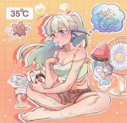 1girl ahoge barefoot blush breasts cleavage controller drink electric_fan finana_ryugu fins floating_hair food food_in_mouth fruit gills green_hair head_fins highres holding holding_controller holding_food indian_style long_hair medium_breasts nijisanji nijisanji_en ponytail popsicle popsicle_in_mouth purple_eyes ryuguard_(finana_ryugu) scales shorts sitting strap_slip sweat temperature thought_bubble virtual_youtuber watermelon watermelon_slice yoyoray20001996