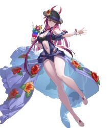 Rule 34 | 1girl, bare shoulders, black hat, bracelet, breasts, cleavage, closed mouth, cuboon, cup, drinking glass, drinking straw, feet, female focus, fire emblem, fire emblem engage, fire emblem heroes, flower, frills, full body, hat, hibiscus, high heel sandals, highres, holding, holding cup, ivy (fire emblem), jewelry, legs, lips, long hair, matching hair/eyes, medium breasts, mole, mole on cheek, mole under mouth, navel, nintendo, non-web source, official art, one-piece swimsuit, purple eyes, purple hair, sandals, see-through, solo, stomach, swimsuit, toeless footwear, toenails, toes, transparent background, tropical drink, white footwear
