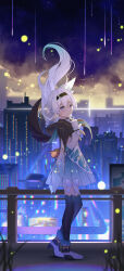 Rule 34 | 1girl, absurdres, black hairband, black jacket, bow, bowtie, building, cityscape, collared shirt, cropped jacket, firefly (honkai: star rail), floating hair, fuujin (windust michio), grey hair, hair between eyes, hair ornament, hairband, hand on own chest, high heels, highres, honkai: star rail, honkai (series), jacket, long hair, long sleeves, looking at viewer, neckerchief, night, orange neckerchief, shirt, skirt, sky, solo, star (sky), starry sky, thighhighs, two-tone eyes