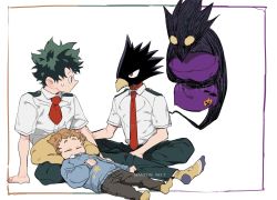 Rule 34 | 3boys, animal head, arm support, artist name, beak, bird boy, black pants, blue sweater, boku no hero academia, child, commentary request, dark shadow, eye contact, floating, freckles, full body, green eyes, green hair, green pants, hand on another&#039;s arm, hand on ground, holding, holding pillow, lap pillow, looking at another, lying, male focus, mantos no.7, midoriya izuku, multiple boys, necktie, on back, pants, pillow, red eyes, red necktie, shimano katsuma, shirt, short sleeves, simple background, sitting, socks, sweat, sweater, thai commentary, tokoyami fumikage, watermark, white background, white shirt, yellow legwear