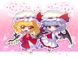 Rule 34 | 2girls, ascot, bat wings, blonde hair, chibi, closed eyes, crystal, fang, flandre scarlet, floral background, frilled shirt collar, frilled skirt, frilled sleeves, frills, full body, hat, hat ribbon, holding, holding polearm, holding weapon, laevatein (touhou), light smile, looking at another, mary janes, medium hair, mob cap, multicolored wings, multiple girls, nova (artist), one side up, open mouth, pink background, pointy ears, polearm, puffy short sleeves, puffy sleeves, purple hair, red ascot, red eyes, red footwear, red ribbon, red skirt, red vest, remilia scarlet, ribbon, ribbon-trimmed headwear, ribbon trim, shirt, shoes, short sleeves, siblings, sisters, skirt, smile, socks, touhou, vest, weapon, white headwear, white shirt, white skirt, white socks, wings, yellow ascot