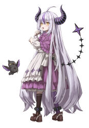 Rule 34 | 1girl, ahoge, alternate costume, ankle cuffs, braid, braided bangs, capelet, dress, frilled dress, frills, grey hair, highres, hololive, horns, la+ darknesss, long hair, multicolored hair, osobachan, pointy ears, purple hair, socks, streaked hair, striped horns, tail, very long hair, virtual youtuber