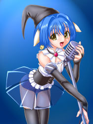 Rule 34 | 00s, 1girl, ^jj^, alpharalpha, animal ears, blue hair, blue skirt, bridal gauntlets, broccoli (company), elbow gloves, galaxy angel, gloves, hat, highres, microphone, microphone stand, mint blancmanche, nail polish, one-piece swimsuit, school swimsuit, skirt, solo, swimsuit, swimsuit under clothes, thighhighs, witch hat