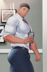 Rule 34 | 1boy, ass, bara, belt, black belt, black hair, black pants, closed mouth, covered erect nipples, facial hair, highres, holding, holding phone, large pectorals, male focus, muscular, muscular male, necktie, original, otototo, pants, pectorals, phone, shirt, short hair, smile, solo, white shirt