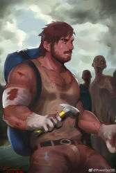 Rule 34 | 1boy, backpack, bag, bara, bare shoulders, beard, blood, brown hair, brown pants, brown tank top, character request, chest hair, cloud, cloudy sky, cowboy shot, cuts, facial hair, hammer, highres, holding, holding hammer, injury, large pectorals, male focus, mature male, muscular, muscular male, mustache, pants, pectoral cleavage, pectorals, powerlesssong, short hair, sidepec, sky, solo focus, tank top, the walking dead, thick eyebrows, weibo logo, weibo username, zombie