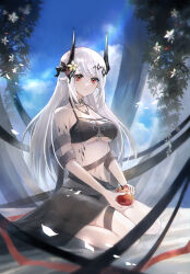 1girl apple arknights bare_shoulders bikini black_bikini black_horns black_sarong blue_sky breasts cleavage closed_mouth esuda0919 flower food fruit full_body hair_flower hair_ornament highres holding holding_food holding_fruit horns infection_monitor_(arknights) jewelry large_breasts long_hair looking_at_viewer material_growth mudrock_(arknights) mudrock_(silent_night)_(arknights) navel necklace official_alternate_costume oripathy_lesion_(arknights) pointy_ears red_eyes sarong sitting sky solo swimsuit wariza white_hair