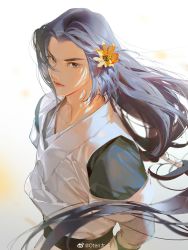 Rule 34 | 1boy, arms behind back, blue hair, chinese clothes, closed mouth, floating hair, flower, from above, from side, grey hair, hair flower, hair ornament, highres, layered sleeves, long hair, long sleeves, looking at viewer, looking to the side, looking up, low-tied long hair, male focus, oten, sash, short over long sleeves, short sleeves, simple background, solo, luo xiaohei zhanji, upper body, very long hair, weibo logo, weibo watermark, white background, wind, wuxian (the legend of luoxiaohei), yellow flower