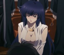 Rule 34 | 1girl, anime screenshot, bastard!!, blue hair, blush, breasts, cleavage, dress, highres, large breasts, long hair, parted lips, sheila tel metallicana, stitched, third-party edit, white dress