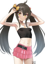 Rule 34 | 1girl, animal print, armpits, bare shoulders, black hair, bow, breasts, female focus, frilled skirt, frills, hair between eyes, hair ribbon, heart, heart necklace, idolmaster, idolmaster cinderella girls, idolmaster cinderella girls u149, jewelry, kanzaki muyu, leopard print, long hair, looking at viewer, matoba risa, midriff, miniskirt, navel, necklace, pink skirt, print ribbon, ribbon, simple background, skirt, small breasts, smile, solo, standing, strapless, tube top, twintails, upper body, white background, yellow eyes