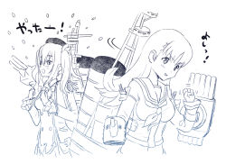 Rule 34 | adapted turret, beret, buttons, cannon, cowboy shot, double-breasted, hat, kantai collection, kashima (kancolle), kujira naoto, lineart, long hair, looking at viewer, machinery, midriff, military, military uniform, monochrome, neckerchief, ooi (kancolle), school uniform, serafuku, smokestack, turret, uniform