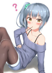 Rule 34 | 1girl, ?, absurdres, blue hair, blush, brown eyes, brown pantyhose, collarbone, flat chest, highres, kantai collection, kasumi (kancolle), leaning back, looking at viewer, mouth hold, nedia (nedia region), off-shoulder, off-shoulder sweater, off shoulder, pantyhose, pocky day, ribbed sweater, short shorts, shorts, side ponytail, simple background, sitting, solo, sweater
