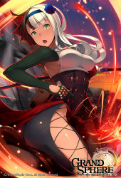 Rule 34 | 1girl, arrow (projectile), ass, asymmetrical clothes, black hair, blush, bow (weapon), breasts, dark-skinned female, dark skin, female focus, fire, flower, gloves, grand sphere, green eyes, hair flower, hair ornament, hairband, highres, large breasts, leggings, long hair, looking back, multicolored hair, open mouth, original, sabi wasabi, shiny clothes, shiny skin, silver hair, solo, two-tone hair, weapon