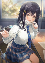 Rule 34 | 1girl, :d, black hair, blue necktie, blue skirt, blush, collared shirt, commentary request, desk, hair ornament, hairclip, highres, indoors, kanda done, long hair, long sleeves, looking at viewer, necktie, open mouth, original, plaid, plaid skirt, pleated skirt, school uniform, shirt, sitting, skirt, smile, solo, striped necktie, striped neckwear, white shirt