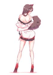 Rule 34 | 1girl, absurdres, animal ears, ass, back, bad id, bad pixiv id, bare legs, bare shoulders, brown hair, commentary request, dress, eyelashes, from behind, full body, highres, imaizumi kagerou, long hair, long sleeves, looking at viewer, looking back, non (z-art), open mouth, red eyes, red footwear, shadow, shoes, simple background, solo, standing, tail, touhou, white background, white dress, wolf ears, wolf tail