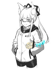 Rule 34 | 1girl, animal ear fluff, animal ears, bike shorts, blush, closed mouth, commentary request, cowboy shot, cropped legs, fox ears, glasses, hair ornament, hairclip, hands in pockets, highres, jacket, kuro kosyou, long hair, long sleeves, looking at viewer, original, over-rim eyewear, ponytail, puffy long sleeves, puffy sleeves, semi-rimless eyewear, sidelocks, simple background, smile, solo, spot color, very long hair, white background