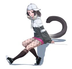 Rule 34 | 1girl, alpine marmot (kemono friends), baseball cap, black hair, brown eyes, casual, contemporary, drawstring, fishnet socks, fishnets, grey hair, hat, highres, hood, hood down, hoodie, kemono friends, kemono friends 3, leaning forward, long sleeves, looking at viewer, medium hair, miniskirt, multicolored hair, official alternate costume, open mouth, outstretched leg, pantyhose, shoes, sidelocks, sitting, skirt, sleeves past wrists, smile, socks, solo, tail, tanabe (fueisei), two-tone hair
