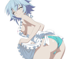 Rule 34 | 1girl, absurdres, apron, aqua panties, ass, blue hair, breasts, closed eyes, covered erect nipples, cowboy shot, head tilt, highres, infinite stratos, leaning forward, long hair, medium breasts, naked apron, official art, panties, sarashiki tatenashi, shiny clothes, shiny skin, side ponytail, simple background, smile, solo, underwear, vector trace, white apron, white background