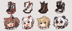 Rule 34 | 4girls, amonitto, angelina (arknights), animal ears, arknights, blonde hair, boots, brown hair, feater (arknights), fox ears, grey hair, high tops, highres, horns, lion ears, multicolored hair, multiple girls, nian (arknights), panda ears, pointy ears, ponytail, shoes, siege (arknights), sneakers, streaked hair, sunglasses, tongue, tongue out, white hair