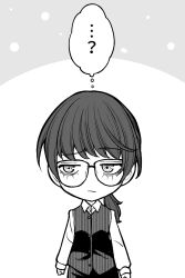 Rule 34 | ...?, 1girl, buttons, chibi, clenched hand, closed mouth, commentary request, glasses, greyscale, highres, kanazawa shinnosuke, long hair, long sleeves, looking to the side, monochrome, original, ponytail, shirt, striped clothes, striped vest, thought bubble, translation request, vest
