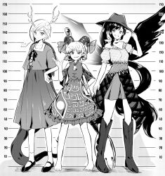 Rule 34 | 3girls, antlers, barefoot, black hair, black wings, boots, collarbone, cowboy boots, cowboy hat, cowboy western, curly hair, detached sleeves, dragon girl, dragon horns, dragon tail, earrings, feathered wings, greyscale, hat, highres, holding, holding spork, horn ornament, horn ribbon, horns, horse girl, horse tail, jewelry, kachuten, kicchou yachie, kurokoma saki, long skirt, mary janes, meandros, monochrome, multiple girls, off-shoulder shirt, off shoulder, open clothes, open shirt, oversized object, patterned clothing, pegasus wings, pointy ears, ponytail, ribbon, sharp teeth, sheep horns, shirt, shoes, short hair, short sleeves, skirt, spork, standing, tail, teeth, touhou, toutetsu yuuma, turtle shell, wings