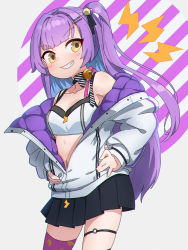 Rule 34 | 1girl, bare shoulders, bell, black skirt, blue hair, blunt bangs, blush, breasts, brown eyes, commentary, commission, diagonal stripes, grey background, grin, hair bobbles, hair ornament, hairclip, hands on own hips, highres, jacket, jingle bell, kuro kosyou, lightning bolt print, lightning bolt symbol, long hair, long sleeves, looking at viewer, multicolored hair, navel, neck bell, o-ring, o-ring thigh strap, one side up, open clothes, open jacket, original, pink thighhighs, pleated skirt, print thighhighs, puffy long sleeves, puffy sleeves, purple hair, skeb commission, skindentation, skirt, sleeves past wrists, small breasts, smile, solo, sports bra, striped, striped background, thigh strap, thighhighs, two-tone hair, v-shaped eyebrows, very long hair, virtual youtuber, white jacket