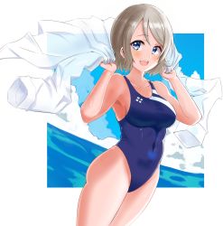 Rule 34 | 1girl, :d, absurdres, bare shoulders, blue eyes, blue one-piece swimsuit, breasts, brown hair, unworn clothes, cloud, cloudy sky, collarbone, competition swimsuit, ereka, grey hair, highleg, highres, love live!, love live! sunshine!!, medium breasts, medium hair, navel, ocean, one-piece swimsuit, open mouth, sky, smile, swimsuit, teeth, watanabe you