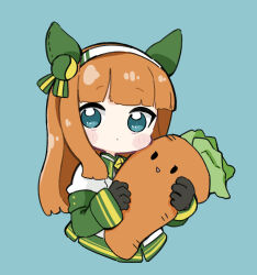 Rule 34 | 1girl, animal ears, black gloves, blue background, blue eyes, blush stickers, brown hair, carrot, closed mouth, commentary, cropped torso, gloves, hairband, highres, holding, holding stuffed toy, horse ears, jacket, layered sleeves, long hair, long sleeves, looking at viewer, nozo (hitomiz), puffy short sleeves, puffy sleeves, short over long sleeves, short sleeves, silence suzuka (umamusume), simple background, sleeves past wrists, solo, stuffed carrot, stuffed toy, umamusume, upper body, white hairband, white jacket