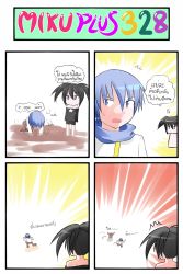 Rule 34 | ^^^, 10s, 1boy, 1girl, 4koma, all fours, bear, black hair, black rock shooter, black rock shooter (character), blue eyes, blue hair, catstudioinc (punepuni), comic, highres, jitome, kaito (vocaloid), off shoulder, open mouth, pants, running, scarf, shirt, shorts, surprised, thai text, translation request, twintails, vocaloid
