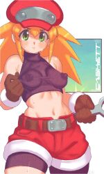 1girl blonde_hair blush breasts champchidi hat highres mega_man_(series) mega_man_legends_(series) navel nipples nipples_visible_through_shirt perky_breasts roll_caskett_(mega_man) see-through_clothes shorts small_breasts sweat thighs wide_hips