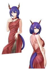 Rule 34 | 1girl, absurdres, arknights, bare shoulders, black pantyhose, blue hair, breasts, casperrin, ch&#039;en (arknights), collarbone, commentary, cropped legs, dragon girl, dragon horns, dragon tail, dress, english commentary, hair between eyes, highres, horns, long hair, looking at viewer, looking back, low ponytail, medium breasts, multiple views, pantyhose, red dress, red eyes, side slit, sleeveless, sleeveless dress, tail