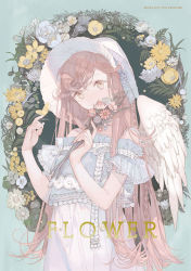 Rule 34 | 1girl, braid, brown eyes, bug, butterfly, butterfly on hand, commentary request, dress, english text, feathered wings, flower, holding, holding flower, insect, long hair, looking at viewer, original, ririfa, side braid, solo, swept bangs, very long hair, white headwear, white wings, wings, yellow butterfly