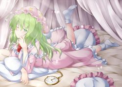 Rule 34 | 1girl, aka tawashi, bed, blush, bow, bowtie, commentary request, crescent print, curtains, dress, frills, green eyes, green hair, hat, kazami yuuka, kazami yuuka (pc-98), leg up, long hair, long sleeves, looking at viewer, lying, nightcap, nightgown, no shoes, on stomach, one eye closed, pillow, pink dress, pocket watch, red bow, red bowtie, smile, socks, solo, star (symbol), star print, touhou, touhou (pc-98), watch, white socks