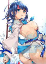 Rule 34 | 1girl, ass, back, bare shoulders, black hair, blue eyes, blue ribbon, blush, breasts, collarbone, dress, fate/grand order, fate/requiem, fate (series), fundoshi, gradient background, highres, japanese clothes, jewelry, large breasts, long sleeves, looking at viewer, magatama, magatama hair ornament, medium hair, multicolored hair, naha78, necklace, open mouth, pelvic curtain, pink hair, polearm, puffy long sleeves, puffy sleeves, ribbon, seigaiha, short dress, sideboob, sideless outfit, spear, streaked hair, thighs, two-sided fabric, two-sided skirt, utsumi erice, water, weapon, wet, white dress